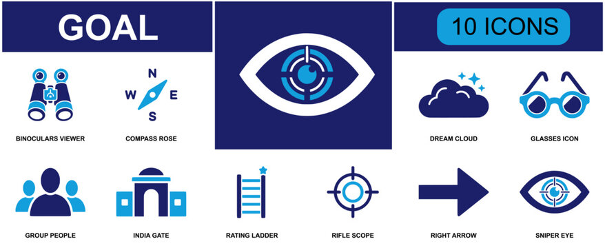 Goal achievement icon set containing binoculars, compass rose, dream cloud, glasses, group people, India gate, rating ladder, rifle scope, right arrow and more, solid fill vector icons.