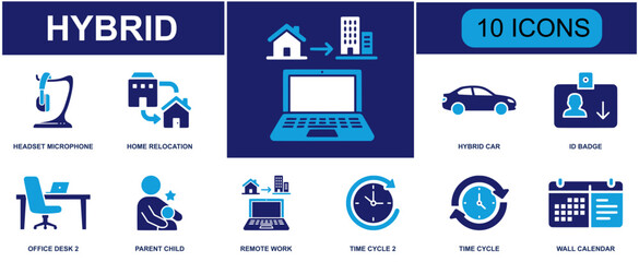 Hybrid work icon set. Containing headset, home relocation, hybrid car, ID badge, office desk, parent child, remote work, time cycle, wall calendar and more. Solid fill vector icons. © Jessica