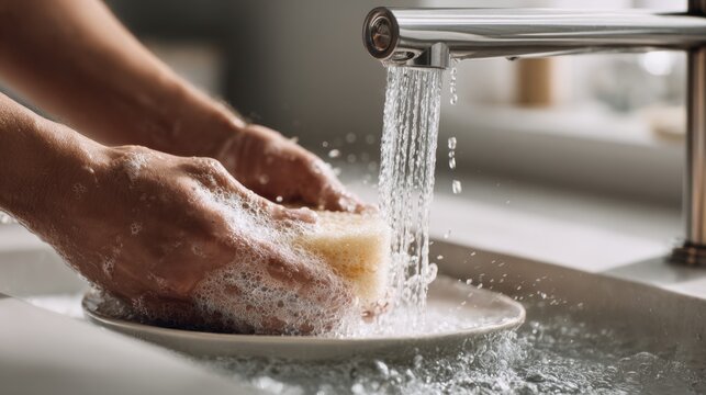 Person washing a white plate with a sponge under running water in a modern kitchen sink to clean dishes efficiently and maintain hygiene standards