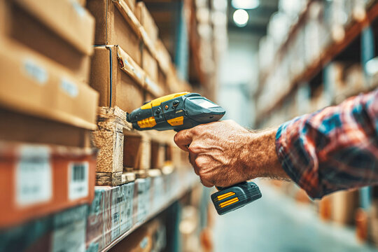 Industrial vibrant yellow barcode scanner handheld device background &ndash; modern warehouse logistics aesthetic design for supply chain management, inventory tracking, and professional e-commerce