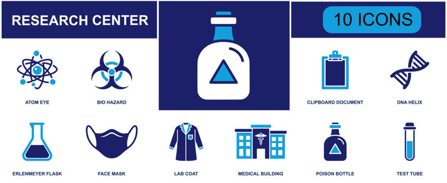 Research center icon set. Containing atom eye, bio hazard, clipboard document, DNA helix, Erlenmeyer flask, face mask, lab coat, poison bottle, test tube and more. Solid fill vector icons.