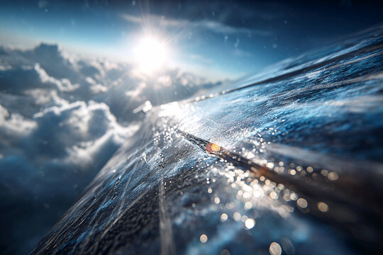 Futuristic deep navy blue reflective surface background with bright celestial lens flare and soft atmospheric clouds &ndash; premium aesthetic design for brand identity, advertising, and modern UI design