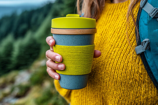 Minimalist slate grey and lime green speckled bamboo reusable coffee cup background &ndash; modern eco-friendly aesthetic design for sustainable brand identity, outdoor adventure advertising, and