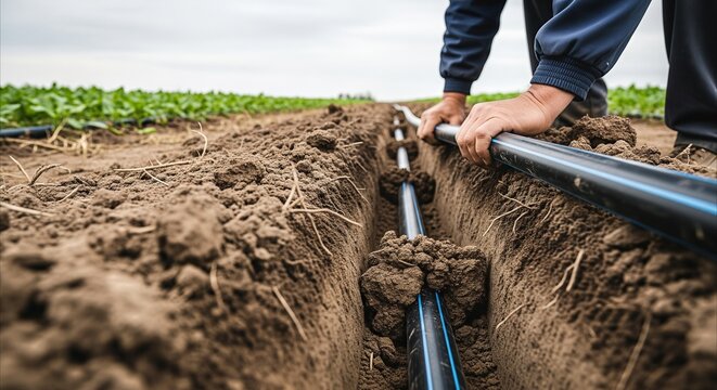Farmer installing drip irrigation pipes in soil trenches for efficient crop watering and sustainable agriculture