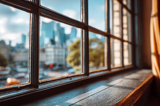 Minimalist deep wooden frame window backdrop with blurred urban city skyline and bright natural sunlight &ndash; elegant aesthetic design for brand identity, advertising, social media and website