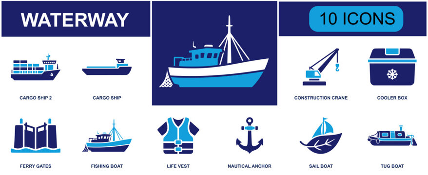 Waterway transport icon set containing cargo ship, construction crane, cooler box, ferry gates, fishing boat, life vest, anchor, sail boat, tug boat and more, solid fill vector icons.