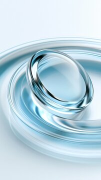 Transparent 3D multifocal intraocular lens floats beside soft concentric focus rings on a clean white background with subtle blue gradients illuminated by highkey studio lighting.