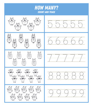 Count and trace numbers 5 to 9 worksheet with cute black and white monsters. Printable preschool math activity for kids. Vector illustration.