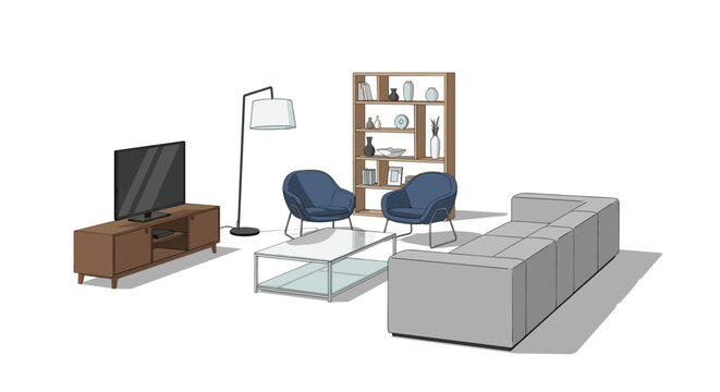 Isometric view of a modern living room setup with a grey sectional sofa, a wooden TV stand with a television, two blue armchairs, a glass coffee table, a tall bookshelf, and a floor lamp.
