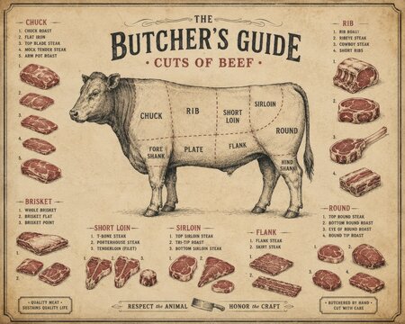 Butcher's guide to cuts of beef with illustrations of different meat sections and their preparation