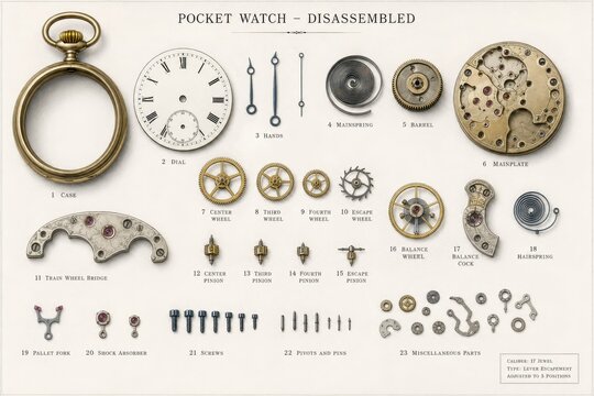Disassembled pocket watch components laid out neatly