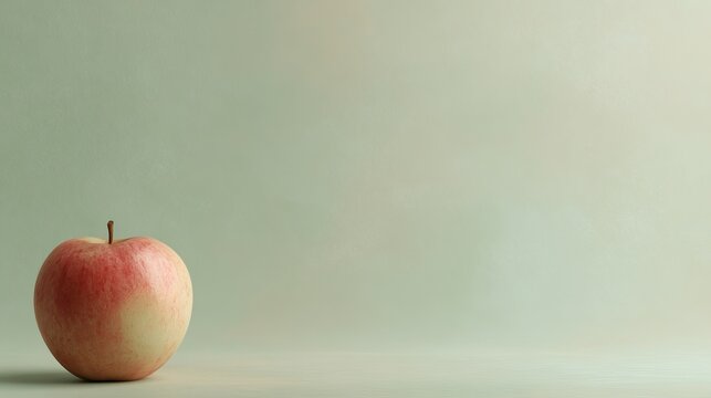 Juicy apple sits on a light green surface, ready for your words.