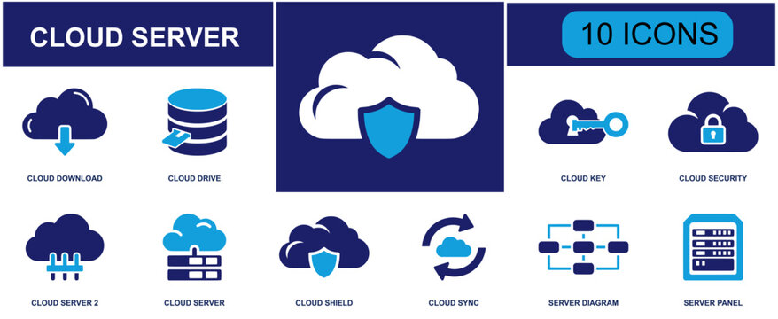 Cloud server icon set. Containing hosting, database, storage, networking, cloud computing, backup, internet security, technology and more. Solid fill vector icons collection.