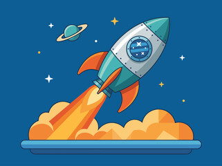 A colorful rocket blasts off into a cosmic background depicting stars and Saturn, representing adventure, exploration, and the human desire to discover outer space. © Panpan