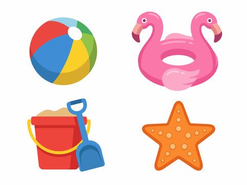 A delightful collection of iconic beach items including a beach ball, flamingo float, bucket and spade, and a starfish, perfect for enjoying a sunny day by the water.