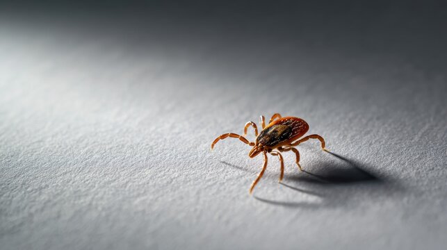 Macro photograph of a small reddish-brown tick insect casting a shadow on a textured white surface with dramatic side lighting creating contrast and detail