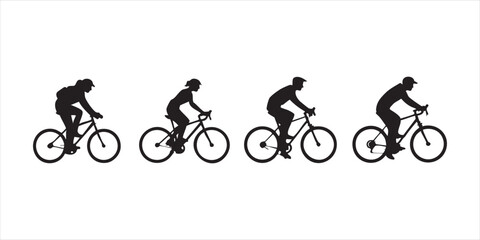 Obraz premium Set of cyclist silhouettes riding road bikes in profile view for active lifestyle and sports design.