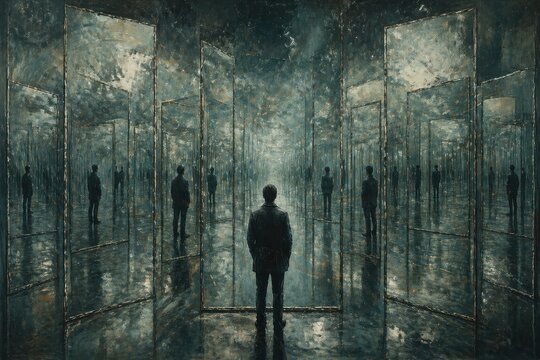 A person stands in a surreal hall of mirrors, surrounded by their reflections, creating a disorienting and introspective atmosphere