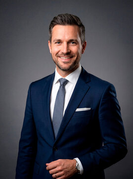 Smiling professional middle-aged businessman in a modern navy blue suit, white shirt, and tie, studio headshot portrait against a dark gray background.