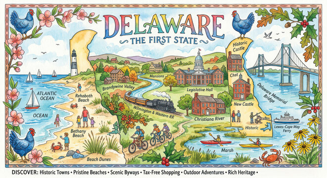 Delaware map illustration, highlighting tourism and attractions