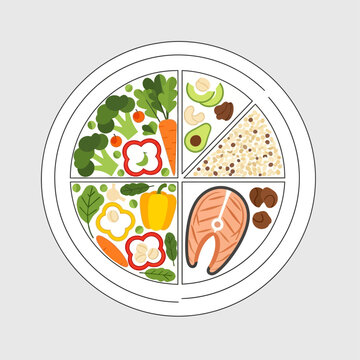 Balanced diet plate with food groups.