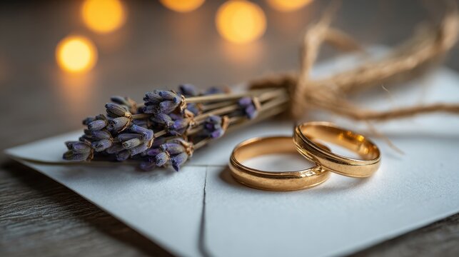 Two golden wedding bands resting on a white envelope next to a small bouquet of dried lavender tied with rustic twine against a background of warm glowing lights