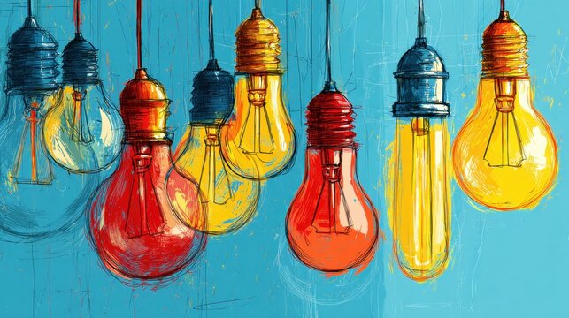 Artistic illustration of colorful hanging light bulbs with vibrant red, yellow, and blue hues against a bright turquoise background conveying creative energy and ide