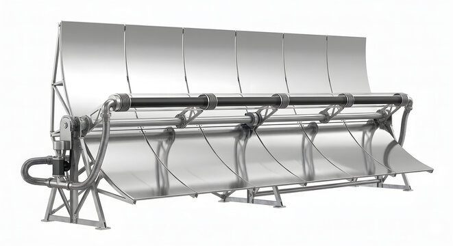 Highly Detailed 3D Render of a Parabolic Solar Trough System Isolated on White