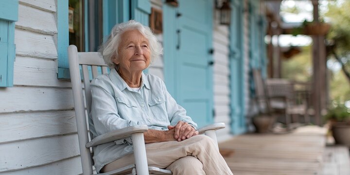 old woman sitting on the porch - retirement photo of elderly senior citizen enjoying ageing in front of house sitting in chair