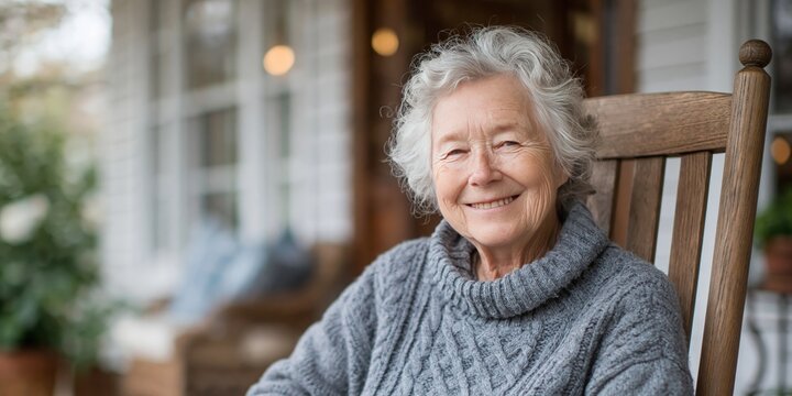 old woman sitting on the porch - retirement photo of elderly senior citizen enjoying ageing in front of house sitting in chair