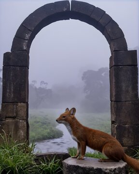A  dhole rat genetic hybrid experiment ai-generated, fictional species   in a cursed stone gateway