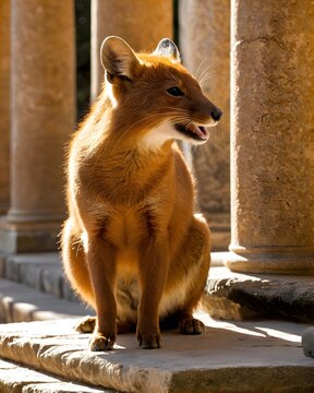 A dhole  rat genetic hybrid experiment ai-generated, fictional species  in a stone colonnade