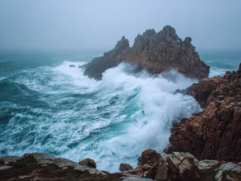 Powerful ocean waves crashing against rugged rocky cliffs under a misty sky creating a dramatic and moody coastal landscape with turbulent sea foam patterns