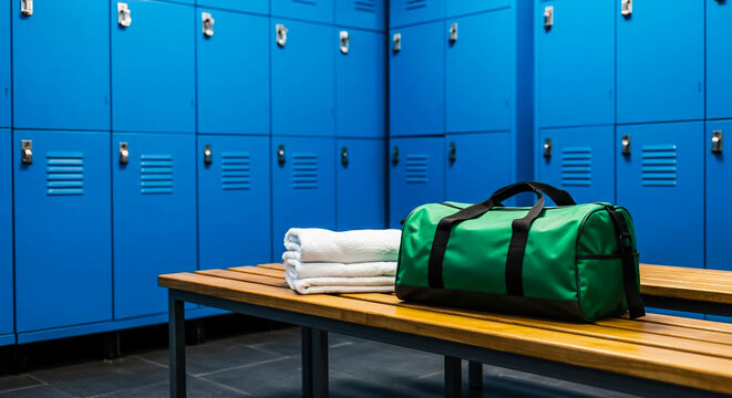 Green gym bag and white towels on a wooden bench in a modern blue locker room.