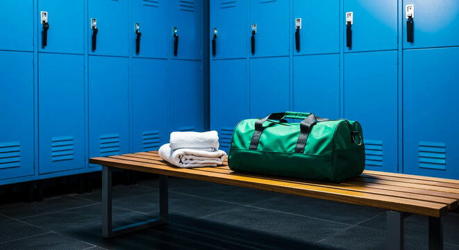 Green duffel bag and white towels on a bench in a bright blue gym locker room.