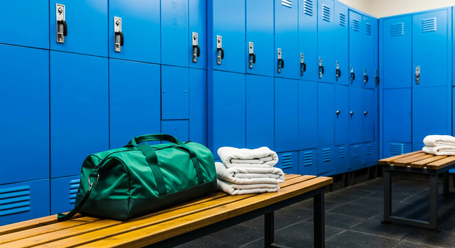 Duffel bag and white towels on a wooden bench in a modern, bright blue locker room.