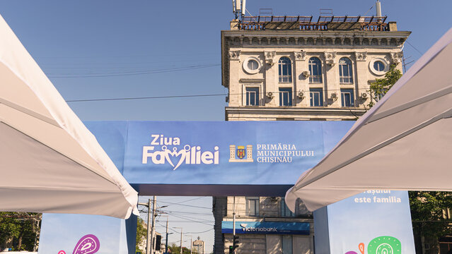 CHISINAU, MOLDOVA - MAY 16, 2026: Official stage banner reading Festivalul Familiei at the Family Day event organized by the Chisinau City Hall.