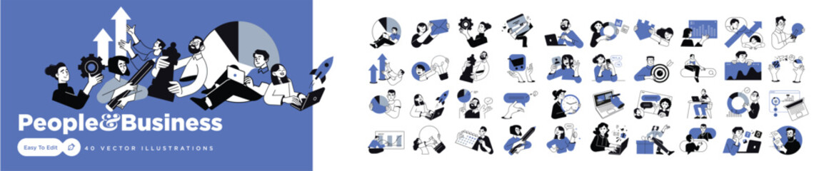 Fototapeta na wymiar Business concept illustrations. Vector illustrations of people in various activities of business strategy and planning, management, data analytics, startup and project development, marketing. 