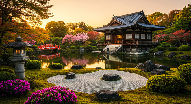 Serene Japanese Zen Garden and Traditional Temple Structure Reflected in a Tranquil Pond at Sunset.
