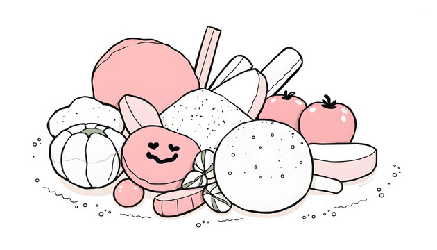 Selection of food high in sugar, one line art. White tone
