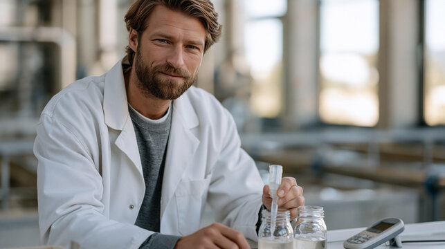 Water treatment plant operator collecting jar test samples in laboratory adjacent to coagulation basin, pipette adding polymer solution into settling jars, turbidity meter on bench, process chemistr