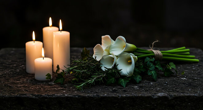 Lit white pillar candles and a bouquet of calla lilies, ivy, and rosemary on dark stone.