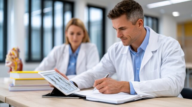 Male medical student in white lab coat studies anatomy on tablet while female classmate reviews notes with textbooks in modern classroom setting