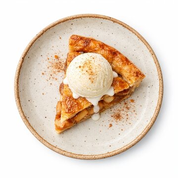 Delicious Slice of Apple Pie with Vanilla Ice Cream on a White Background
