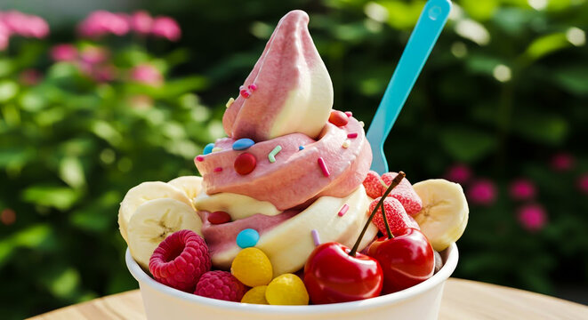 Colorful Ice cream with Fresh Fruit and Sprinkles Outdoors