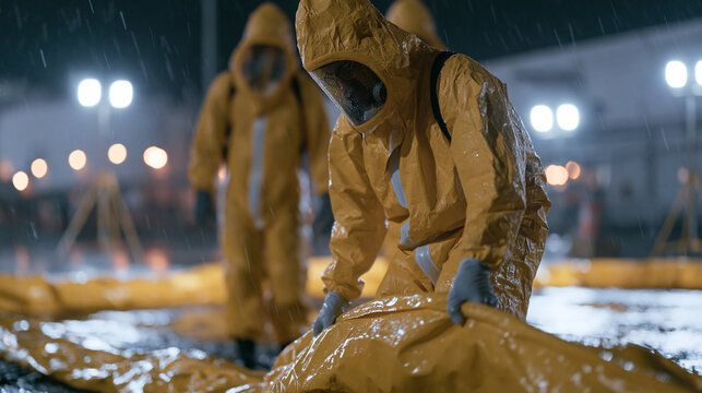 Rain-soaked street outside industrial chemical plant during midnight emergency response drill, hazmat team in Level B suits deploying containment boom around simulated spill, portable lighting tower