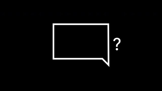 Question chat bubble pop out animation with subtle rotation and looping question mark motion on black background. Simple motion graphic for FAQ, help, support, and message concept.