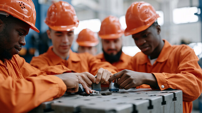 Lockout tagout group training exercise with six workers each applying personal padlock to energy isolation device on industrial press machine, occupational safety instructor observing compliance, ma