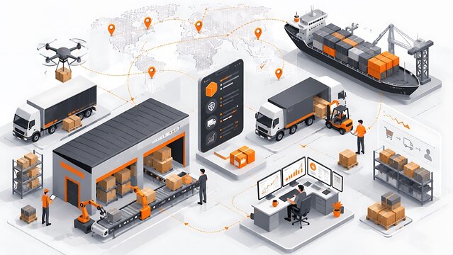 Isometric view of global logistics network with drones trucks ships and warehouse operations