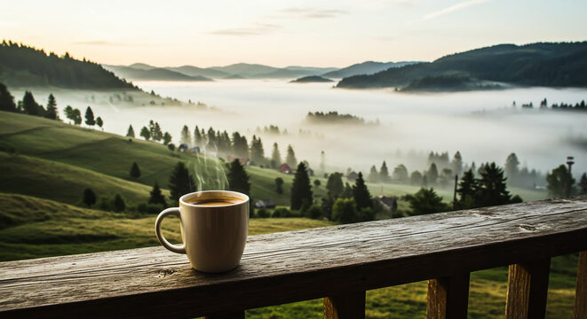 Steaming coffee mug on a wooden balcony railing overlooking a foggy mountain valley at sunrise.